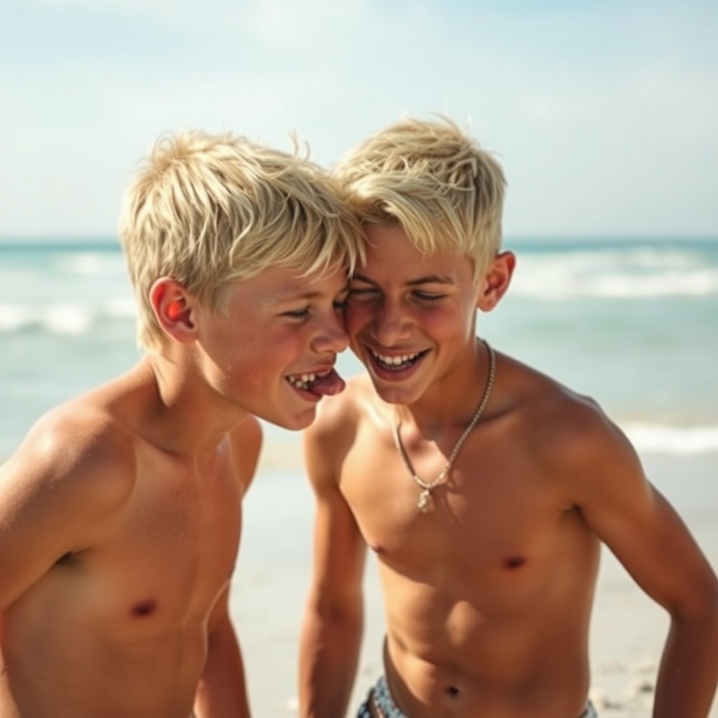 AI generated image by FLUX.1-schnell: deux garçons blond de huit ans s’embrassant sur la bouche à la plage