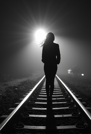 AI generated image by FLUX.1-image-to-image: The bnw silhouette of a woman's wide spreaded legs stands on railroad tracks. A train spotlight from the background shines between her legs.
