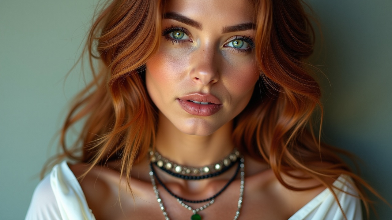 AI generated image by FLUX.1: Créez un portrait captivant d'une tres belle femme voluptueuse avec des yeux verts et de longs cheveux roux ondulés, elle est debout. Elle a un teint clair orné de taches de roussissement délicates, et son expression est contemplative, reflétant un moment de pensée profonde. Elle porte une robe en satin en lin de couleur blanche, avec du linge de cou profond, complétée par un collier et divers bijoux boho qui accentuent son style bohème., photo, affiche, vibrant, photographie de portrait, mode