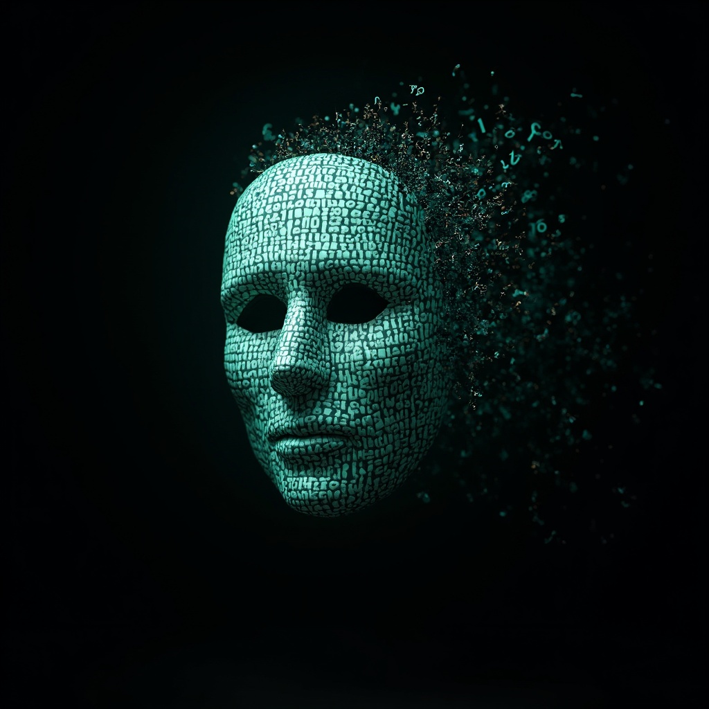 AI generated image by FLUX-Realism-Lora: Ada Lovelace's face as a digital mask made from thousands of turquoise numbers and formulas forming his face. the formulas and numbers fly behind the mask leaving a trail of complexity. the mask is floating dynamically in mid air. his head is turned to the right but his eyes are looking directly into the camera. the mask is on a black background. like a png with black only background. photo realistic, sci-fi, human features hair