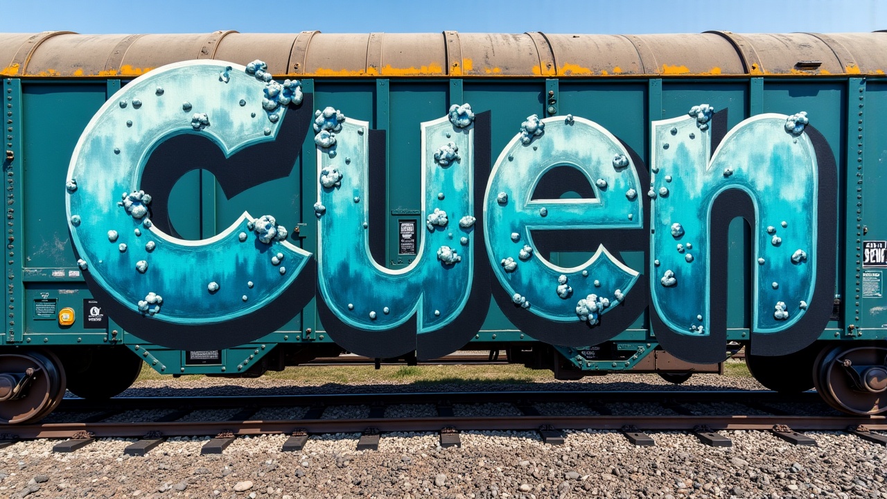 AI generated image by FLUX.1: Crear una imagen de un vagón de tren con una textura realista de óxido cubriendo la superficie. El vagón es parte de un tren más grande, VISTA PANORÁMICA , bajo la luz brillante del día. En LA PARTE BAJA IZQUIERDA, hay un graffiti son letras góticas modernas tridimensionales que deletrean ‘Cuen’, alargadas, Y ORNAMENTALES mezcladas con caligrafuturismo, predominantemente en azul cielo (#00a3f) y verde lima (#b5e34), con contornos y acentos en púrpura oscuro. Cada letra tiene detalles intrincados, incluyendo grietas y sombras que les dan una apariencia rugosa, asemejándose a bloques de piedra apilados con una textura áspera. Las letras están resaltadas por un efecto de contorno naranja brillante CON DESTELLOS FLUORECENTES, añadiendo profundidad y dimensión a la obra de arte. El fondo consiste en paneles de concreto verticales pintados en gris oscuro, proporcionando contraste con los colores brillantes del graffiti. En la parte inferior de la imagen, hay un parche bien mantenido de césped verde musgoso. La escena está iluminada por luz natural, proyectando sombras suaves y resaltando los tonos vivos.