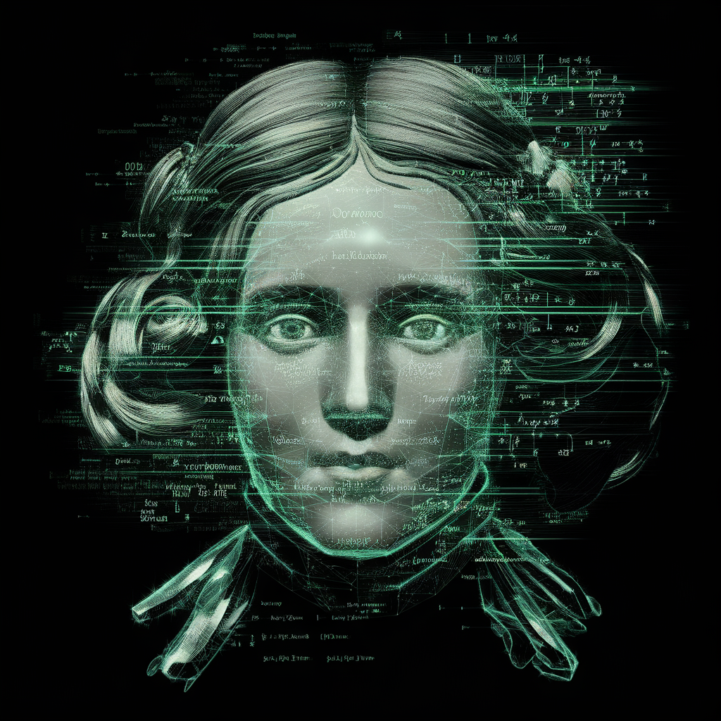 AI generated image by ideogram 2.0: Ada Lovelace's face as a digital mask made from thousands of turquoise numbers and formulas forming his face. the formulas and numbers fly behind the mask leaving a trail of complexity. the mask is floating dynamically in mid air. his head is turned to the right but his eyes are looking directly into the camera. the mask is on a black background. like a png with black only background. photo realistic, sci-fi, human features hair