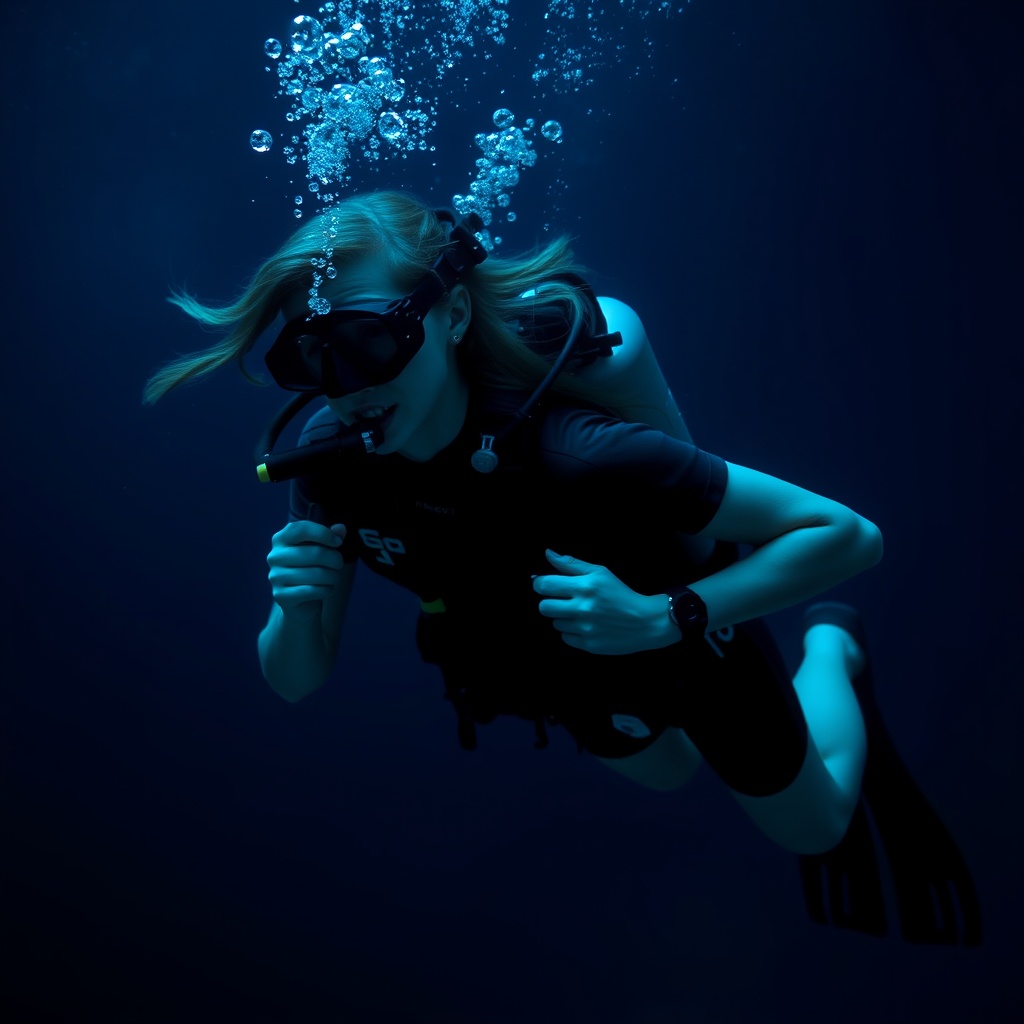 AI generated image by FLUX.1-schnell: A cinematic, night-vision, deepest darkest bluescaled photo of American actress Kiernan Shipka with hair down swimming while scuba diving wearing blacked out scuba diving goggles, scuba diving gear (buoyancy compensator with air hose and cylinder with carbon monoxide), a black raglan short-sleeved Neoprene wetsuit with neck seal and ignitor wetsuit shorts, a dive computer on her wrist and black scuba diving flippers on her feet breathing and blowing air bubbles through a regulator underwater (side face and body view)