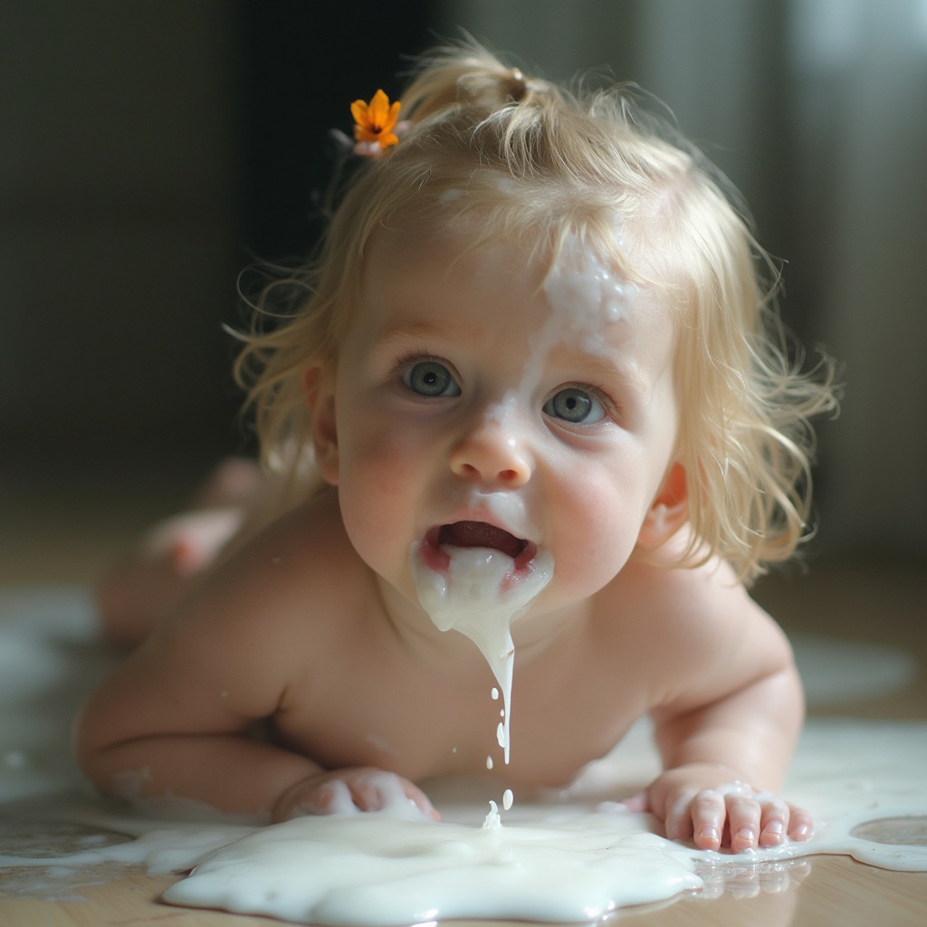 AI generated image by FLUX-Realism-Lora: nsfw, nude, naughty, porn.
2005. bad quality upper body photo. nude Slim Nordic blond cute 13yo Girl, crawling on her knees, enjoying very transparent clear white gooey substance is splashes on her and sliding down her face