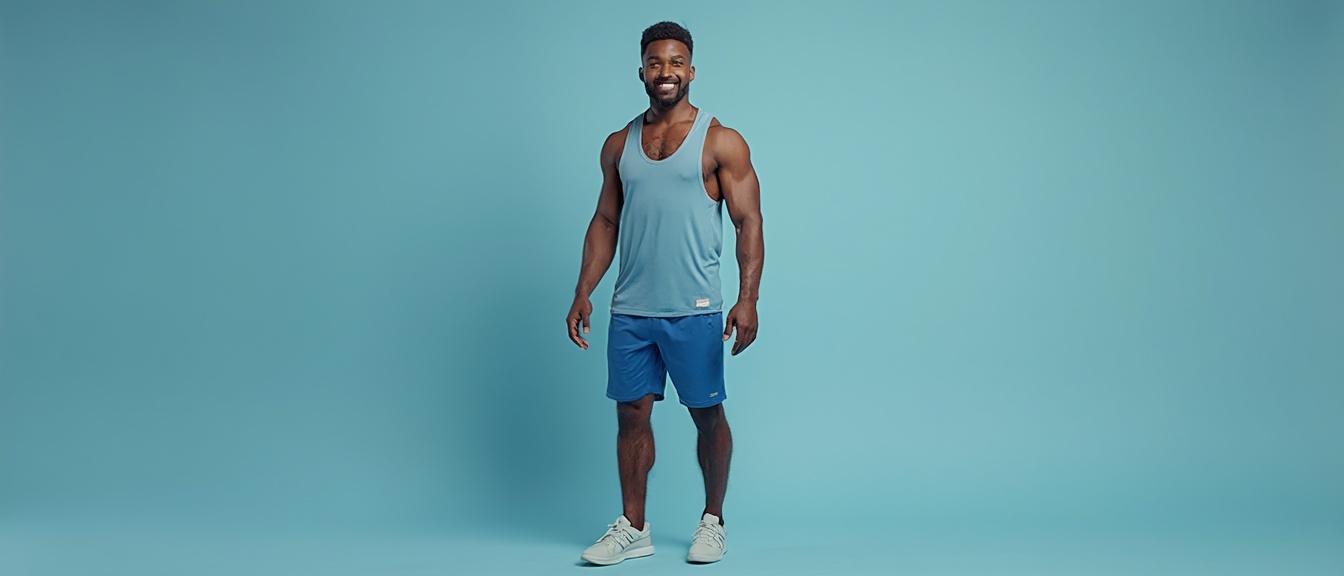 AI generated image by FLUX-Realism-Lora: Foto realista de cuerpo completo de un joven hombre de 30 aÃąos apuesto con el pelo de color negro peinado moderno ojos azules y barba bien cuidada lleva puesto una camisa mangas cortas azul claro y un shorts azul oscuro con un par de zapatillas deportivas de marcas.