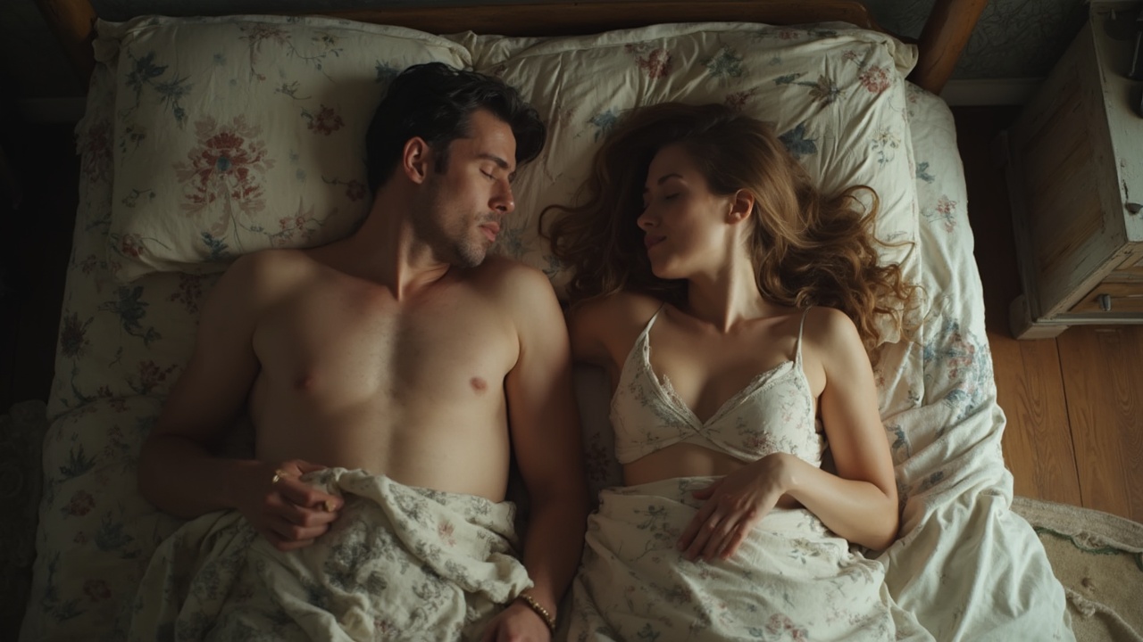 AI generated image by FLUX-Realism-Lora: An overhead wide shot of a naked man and a naked woman laying in bed next to each other, slightly sweaty post-coitus, all the blankets are on the floor, ultra-realistic