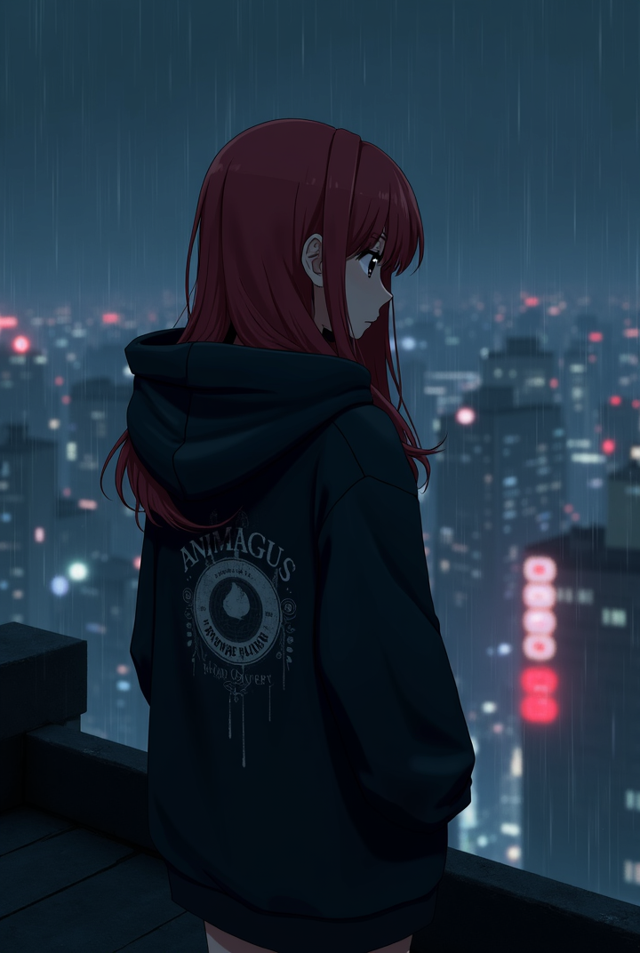 AI generated image by FLUX.1: PromptGen
Custom Gem
No problem, here's a shorter variation of the previous prompt:
A gloomy anime girl with long, red hair, her face partially hidden by an oversized dark hoodie with a faded 'Animagus' print on the back. She's standing on a rooftop overlooking a vast, rain-slicked night city, its neon lights reflecting dimly below. The mood is atmospheric and melancholic. Art style: dark anime with strong shadows and realistic lighting.