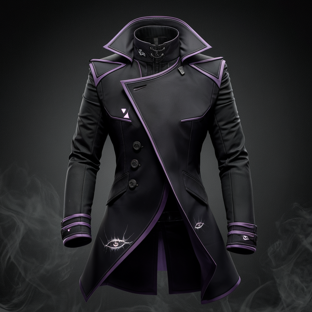 AI generated image by ideogram 2.0: Overcoat:
Color: Premium black with dark purple accents (e.g., lining, buttons, or subtle embroidery).
Design: A long, flowing overcoat with a high collar and sharp, tailored lines. The coat has a slightly asymmetrical cut, with one side longer than the other for a dramatic effect.
Details: Add subtle "Soul" prints or glowing symbols (e.g., triangles, eyes, or dragons) along the edges or inside the coat. The coat should have a smoky, shadowy texture, as if it’s blending into the darkness.