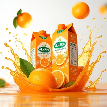 AI generated image by FLUX.1-image-to-image: Design two Almarai orange juice cartons in a dynamic, splashy orange juice scene. One carton should stand upright, and the other slightly tilted, both in proper perspective and scale. Make sure to capture vibrant splashes, floating oranges, and juice effects, blending the boxes naturally into the environment. Use realistic lighting, shadows, and reflections to maintain immersion. Match the rich, juicy atmosphere from the reference.
