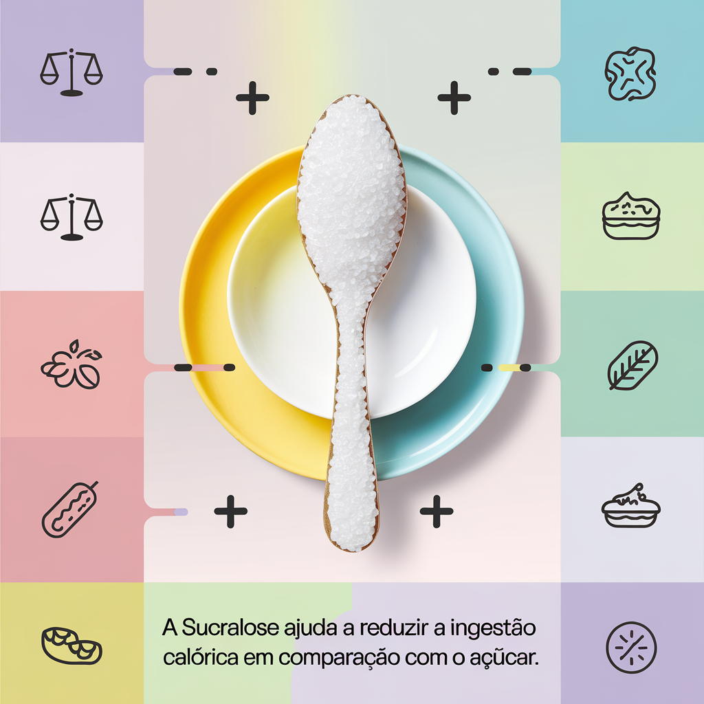 AI generated image by ideogram 2.0: A simple, colorful square image featuring a spoon with white crystalline sucralose against a soft background, symbolizing calorie control. Surrounding the spoon are icons of a balanced scale and food symbols to represent dietary balance and calorie reduction. Bright, friendly colors with a modern, minimalist design to draw attention on social media. Write the text "A sucralose ajuda a reduzir a ingestĂŁo calĂłrica em comparação com o açĂșcar." at the bottom using arial font 46 in black.
