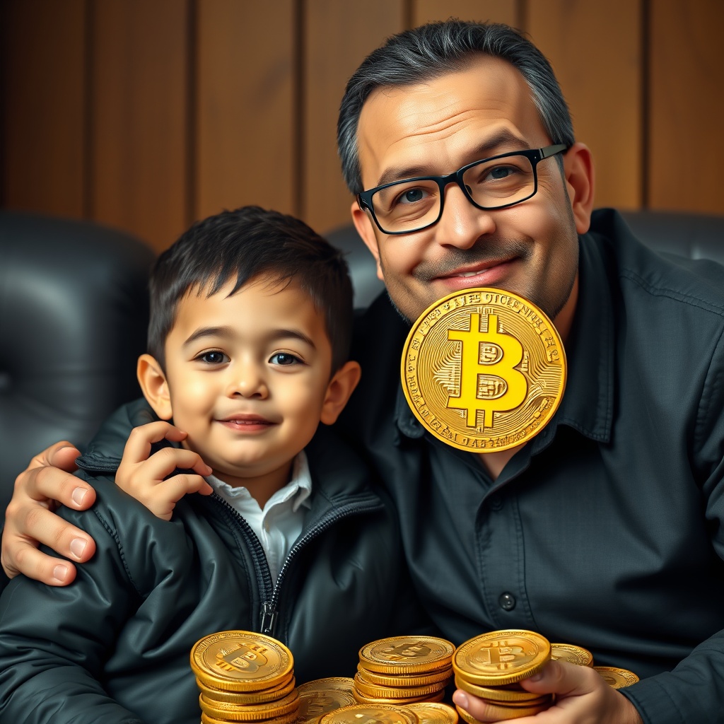 AI generated image by FLUX.1-schnell: un niño millonario y su padre con millones de bitcoins