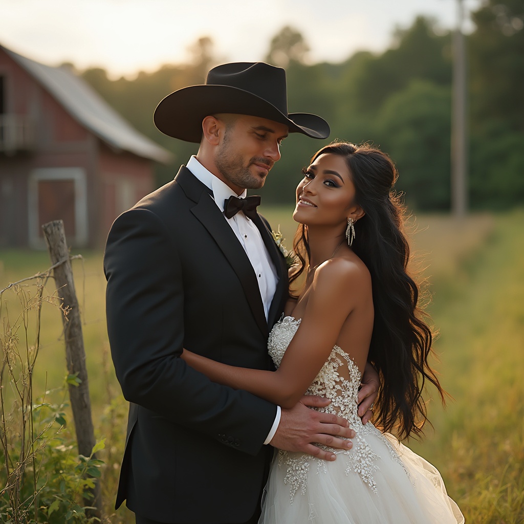 AI generated image by FLUX-Realism-Lora: A romantic wedding scene in nature featuring a couple posing near a rustic barn. The groom is a tall, 6-foot, 260-pound, 35-year-old Caucasian man with a muscular bodybuilder physique, short dark brown hair, and piercing blue eyes. He is wearing a cowboy hat and a tuxedo. The bride is a stunning modern Native American woman with long black hair, warm brown eyes, and sun-kissed tan skin, dressed in a beautiful modern wedding gown. She is nearly as tall as the groom. The backdrop includes lush greenery and a rustic barn under a serene sky, creating a warm and romantic atmosphere.