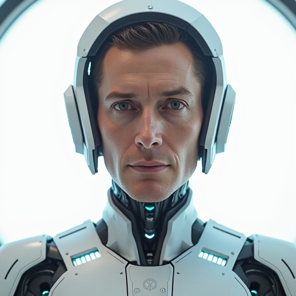 AI generated image by FLUX.1-image-to-image: A photorealistic sci-fi portrait of a starship captain with a humanoid robotic body and the exact head from the provided image. The captain's face is highly detailed, preserving natural skin texture, realistic lighting, and subtle facial expressions. His head is seamlessly integrated onto a futuristic android body, made of a sleek metallic exoskeleton with high-tech joints, glowing blue circuits, and mechanical plating. The robotic body has a strong, commanding posture, with shoulders broad and a chest panel featuring subtle engraved insignia of a galactic fleet.
The captain is standing inside a high-tech starship bridge, surrounded by glowing control panels, holographic displays, and an expansive window showing deep space with stars and planets in the distance. The lighting is a mix of cool blue and soft white ambient reflections, emphasizing the futuristic aesthetic.
The composition is highly cinematic, with sharp details, dramatic contrast, and a sense of leadership and authority. The captain’s uniform integrates both robotic plating and subtle fabric elements, making it a hybrid of advanced machinery and human design. The overall mood is epic and powerful, capturing the essence of a legendary space commander.
The final image should be ultra-realistic, highly detailed, and immersive, ensuring the perfect fusion of human and machine in a cutting-edge sci-fi universe