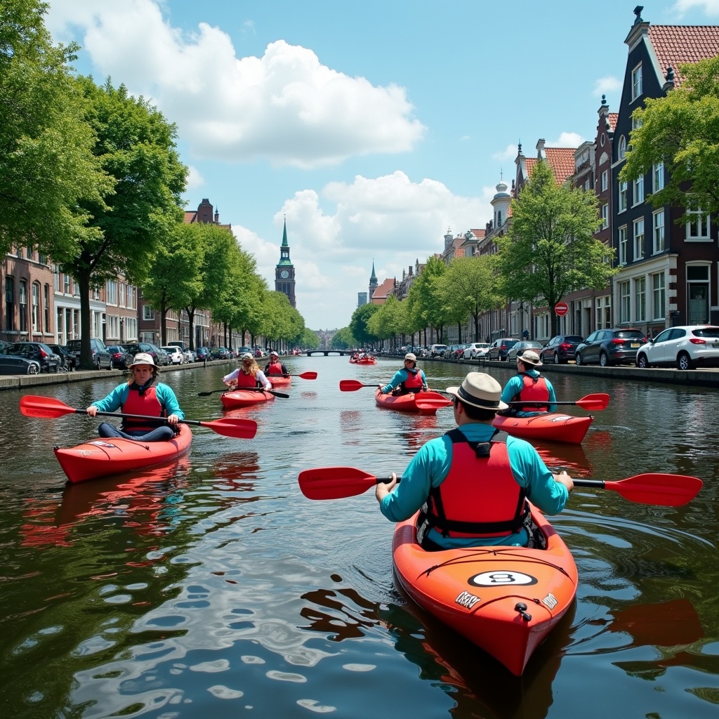AI generated image by FLUX.1: It's a sunny day in Berlin and the team of Destination Development goes Kayaking on a Chanel in an outer district of the city.