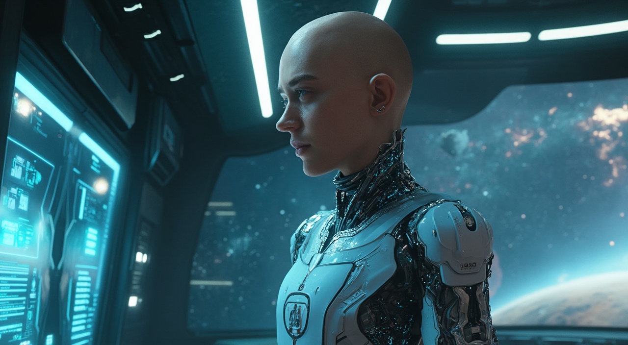 AI generated image by FLUX-Realism-Lora: A photorealistic sci-fi portrait of a starship captain with a humanoid robotic body and the exact head from the provided image. The captain's face is highly detailed, preserving natural skin texture, realistic lighting, and subtle facial expressions. His head is seamlessly integrated onto a futuristic android body, made of a sleek metallic exoskeleton with high-tech joints, glowing blue circuits, and mechanical plating. The robotic body has a strong, commanding posture, with shoulders broad and a chest panel featuring subtle engraved insignia of a galactic fleet.
The captain is standing inside a high-tech starship bridge, surrounded by glowing control panels, holographic displays, and an expansive window showing deep space with stars and planets in the distance. The lighting is a mix of cool blue and soft white ambient reflections, emphasizing the futuristic aesthetic.
The composition is highly cinematic, with sharp details, dramatic contrast, and a sense of leadership and authority. The captain’s uniform integrates both robotic plating and subtle fabric elements, making it a hybrid of advanced machinery and human design. The overall mood is epic and powerful, capturing the essence of a legendary space commander.
The final image should be ultra-realistic, highly detailed, and immersive, ensuring the perfect fusion of human and machine in a cutting-edge sci-fi universe