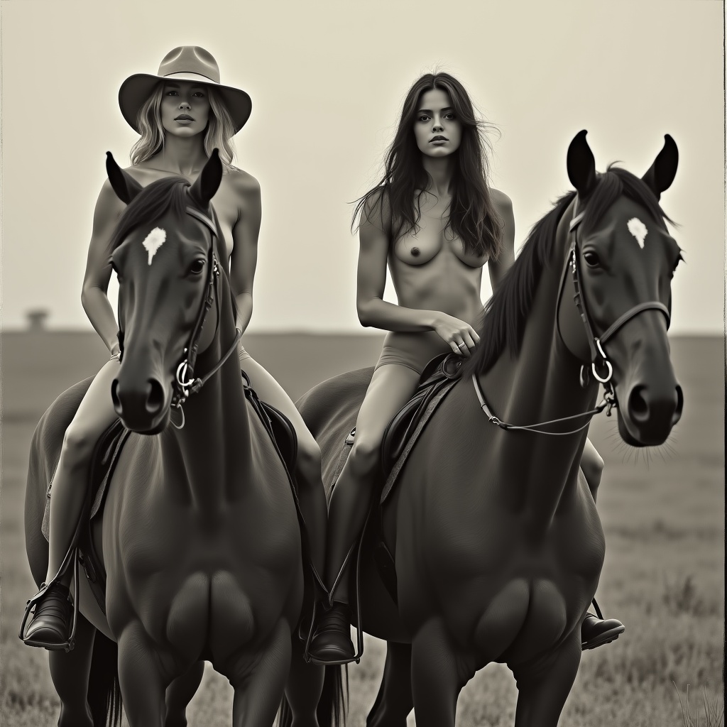AI generated image by FLUX.1: I want to generate รฅ photographic art nude of two mid twenties women sitting on horses.