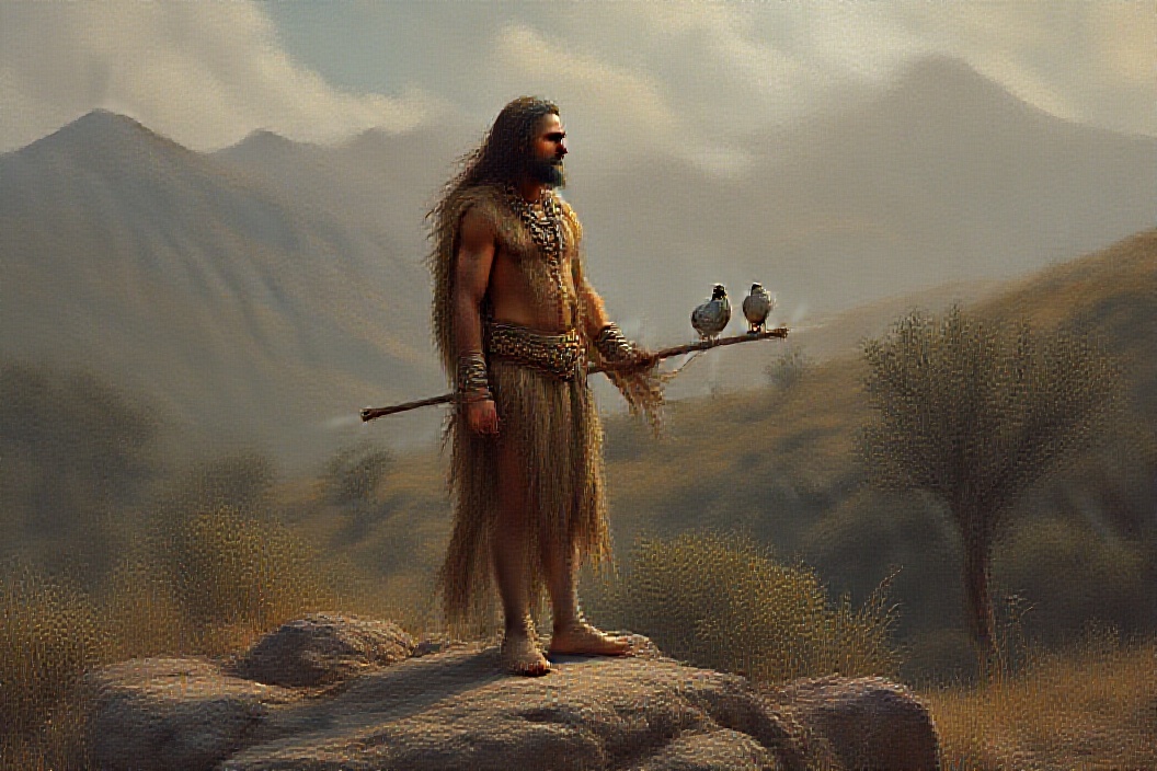 AI generated image by FLUX.1-pro: A prehistoric man with long hair and a thick beard, standing on a large rock in a rugged, semi-arid landscape. He is wearing a simple outfit made of animal skins, with a woolly fur cape draped over his shoulders, covering his back and part of his body. Around his neck, he has a necklace made of small beads, bones, and shells. He also wears leather bracelets on both arms. The man holds a wooden pole horizontally in front of him, with two doves perched at each end. The scene is set during dawn, with warm, soft light coming from the right side, casting dramatic shadows across his figure and the landscape. The background features the wild mountains of Tenerife, sparse trees, and native flora, under a cloudy sky. The image is painted in a highly detailed, ultra-realistic oil painting style, emphasizing the sharp contrasts of light and shadow and the textures of the surroundings, creating a balanced and harmonious composition