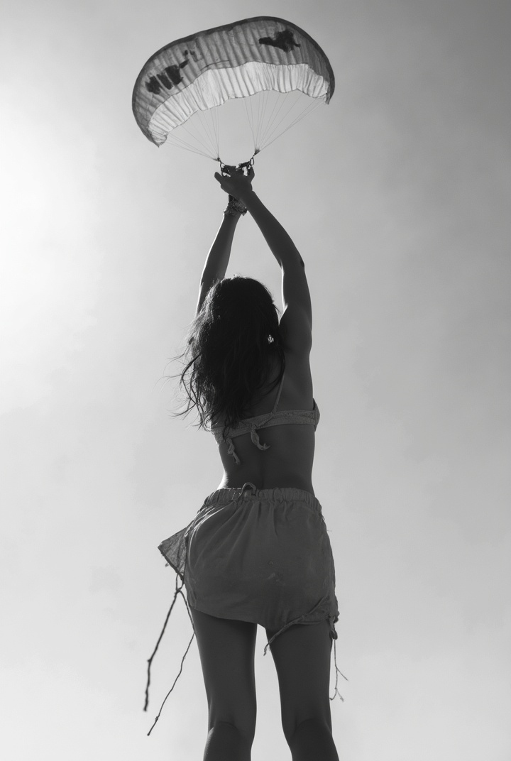 AI generated image by FLUX-Realism-Lora: Black and white photo of young topless bare back woman in short skirt from behind swinging her bra in her Stretched up hand above. a paraglider flying above her. Sky background. Backlight