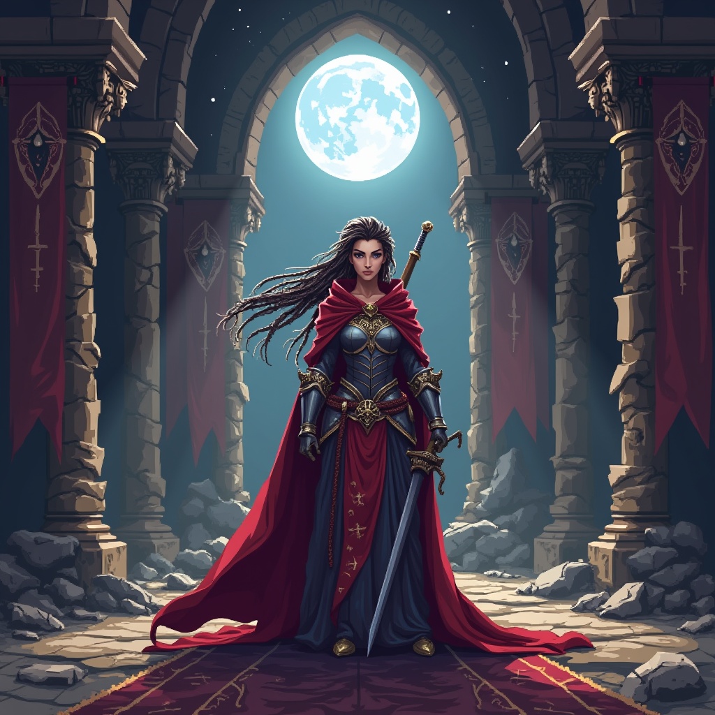 AI generated image by FLUX.1: "A breathtaking, pixelated princess stands boldly at the center of the scene, framed by the crumbling arches of an ancient throne room bathed in moonlight. She is draped in a flowing, deep crimson cloak embroidered with golden sigils — regal yet weathered. Her armor gleams with soft light, nicked and scarred from battle, and a ceremonial sword rests calmly across her back. Her piercing eyes stare directly ahead with unwavering resolve, framed by windswept hair braided with feathers, bones, and silver thread — the markings of a warrior queen who writes her own legacy.
She is not a damsel — she is destiny in motion. Behind her, torn banners ripple in the wind; faint stars shimmer through shattered stained-glass windows. The room hums with dormant magic and revolution.
The entire scene is rendered in nostalgic, 16-bit pixel art, complete with grainy CRT-style textures, visible scan lines, and soft pixel bloom around torchlight and magical highlights in her eyes. This image feels pulled from the title screen of a long-lost SNES-era RPG — one where she is the first and only name in the prophecy. Commanding. Timeless. Unforgettable."