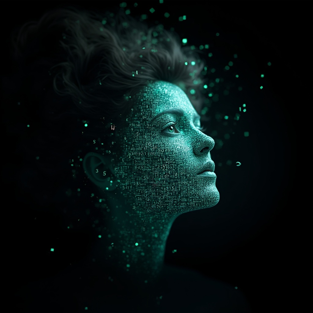 AI generated image by FLUX-Realism-Lora: Ada Lovelace as a dancer that is jumping through the air. Ada Lovelace's face is a digital mask made from thousands of turquoise numbers and formulas forming her face. The numbers and formulas are made from light. the formulas and numbers fly behind the mask leaving a trail of complexity. the mask is floating dynamically in mid air. her head is turned to the right but her eyes are looking directly into the camera. everything is on black background. like a png with black only background. photo realistic, sci-fi, human features hair