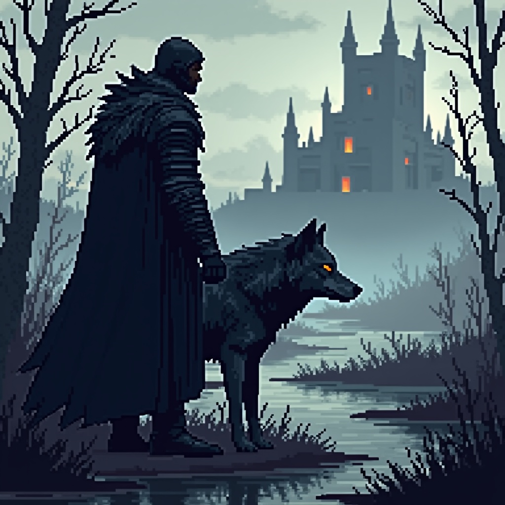 AI generated image by FLUX.1: MAKE THE FOLLOWING PROMPT IN A PIXEL ART STYLE: "A dark, weathered knight clad in battle-worn blackened armor stands solemnly in an eerie marshland at dusk. His cloak, tattered and damp, billows in the cold, whispering wind. Beside him, a massive wolf with piercing amber eyes and a coat streaked with silver and shadow stands alert—fierce yet devoted, exuding loyalty and raw power. In the misty distance, a towering, ancient castle looms, half-shrouded in fog, its jagged spires silhouetted against a brooding overcast sky. The murky marsh reflects twisted trees and glimmers of fading light, casting an otherworldly glow across the hauntingly beautiful landscape."