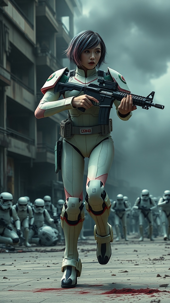 AI generated image by FLUX.1-schnell: Masterpiece full body of a Real Man,Virtual reality, skin like a real person , Best Quality,Beauty, full body image,War Cinematography , best shadows best illustrations Wallpaper size 1080Ă—2400 px Detailed A realistic sci-fi image, similar to Hollywood movies. Full-length image of a Southeast Thai woman 22 years old very very big breasts, big breasts, short hair, dark pink and blue hair, white skin hold a AR-15 gun and aim it forward, her face looking straight ahead but her eyes looking to the right. Her face shows an indifferent but powerful expression on her face. There is a long blood-streaked map. She is wearing a modern but retro robot costume in light green and pink color with the logos green text of "CGM48", and pink text of "BNK48", on the costume. She is fast running on the feet of a large robot (only the robot's feet are visible). Low-key lighting gives an apocalyptic feel. The background is a collapsed building with billowing smoke. GUNDAM image. Many storm troopers are chasing after him from behind.