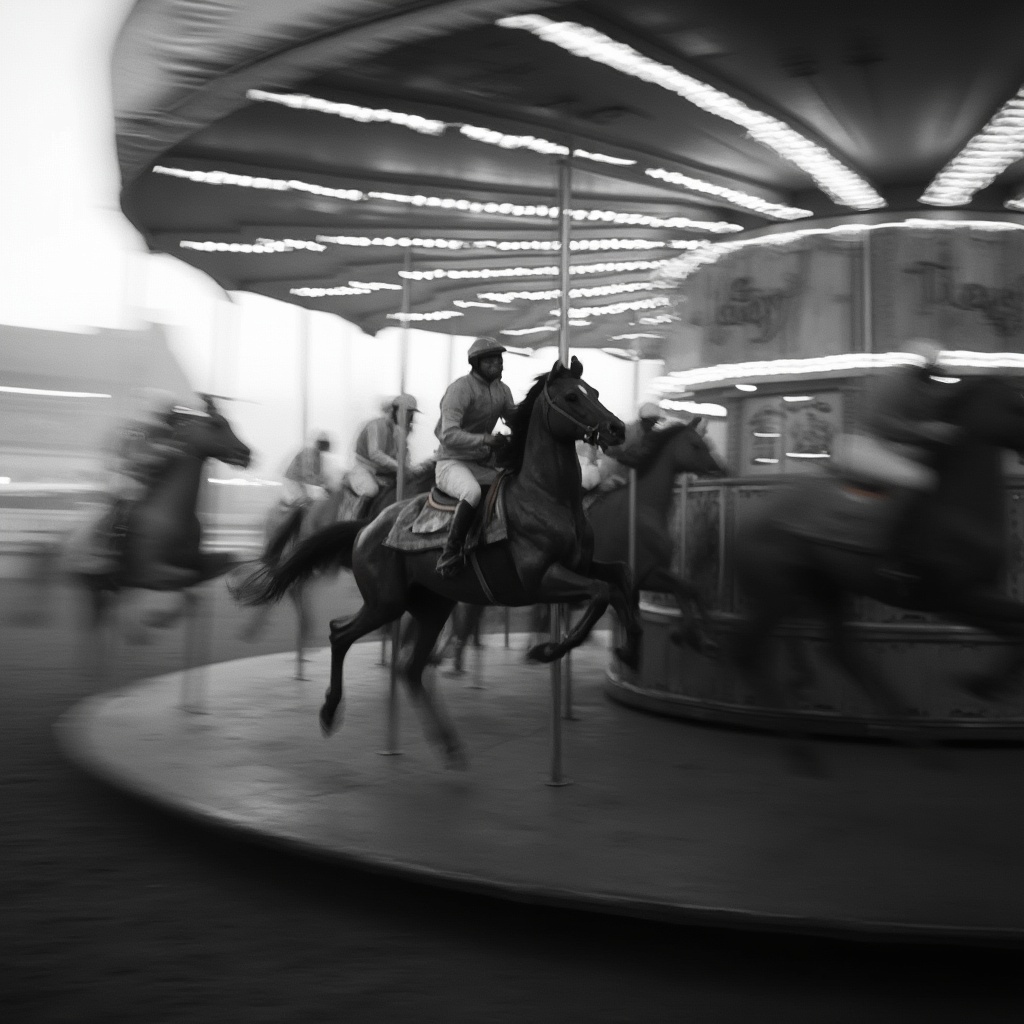 AI generated image by FLUX-Realism-Lora: A closeup black and white photo of jockeys racing carousel. The race contest is very intense and dramatic. Motion blur. Backlight