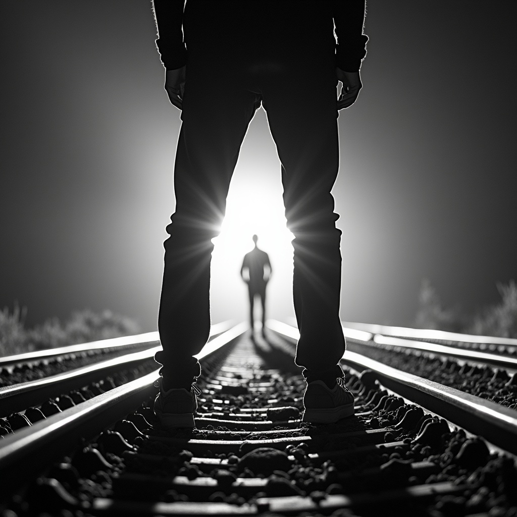 AI generated image by FLUX.1-image-to-image: A black-and-white central-compositioned closeup photo at night. The silhouette of a man's legs stands with his back to the camera on railroad tracks, facing the background. A spotlight from the background shines between his legs. Someone's other far silhouette is in this spotlight. dramatic backlit lighting.