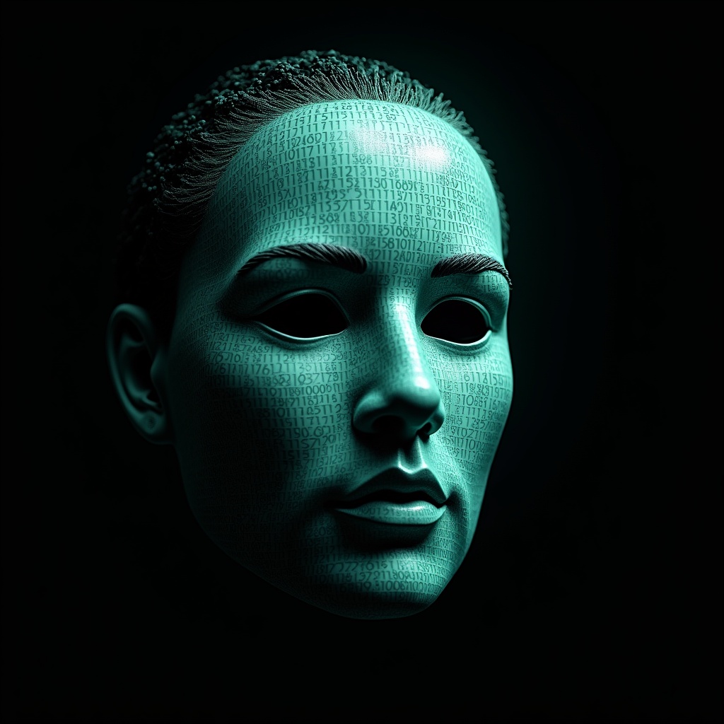 AI generated image by FLUX.1: Ada Lovelace's face as a digital mask made from thousands of turquoise numbers and formulas forming his face. the formulas and numbers fly behind the mask leaving a trail of complexity. the mask is floating dynamically in mid air. his head is turned to the right but his eyes are looking directly into the camera. the mask is on a black background. like a png with black only background. photo realistic, sci-fi, human features hair