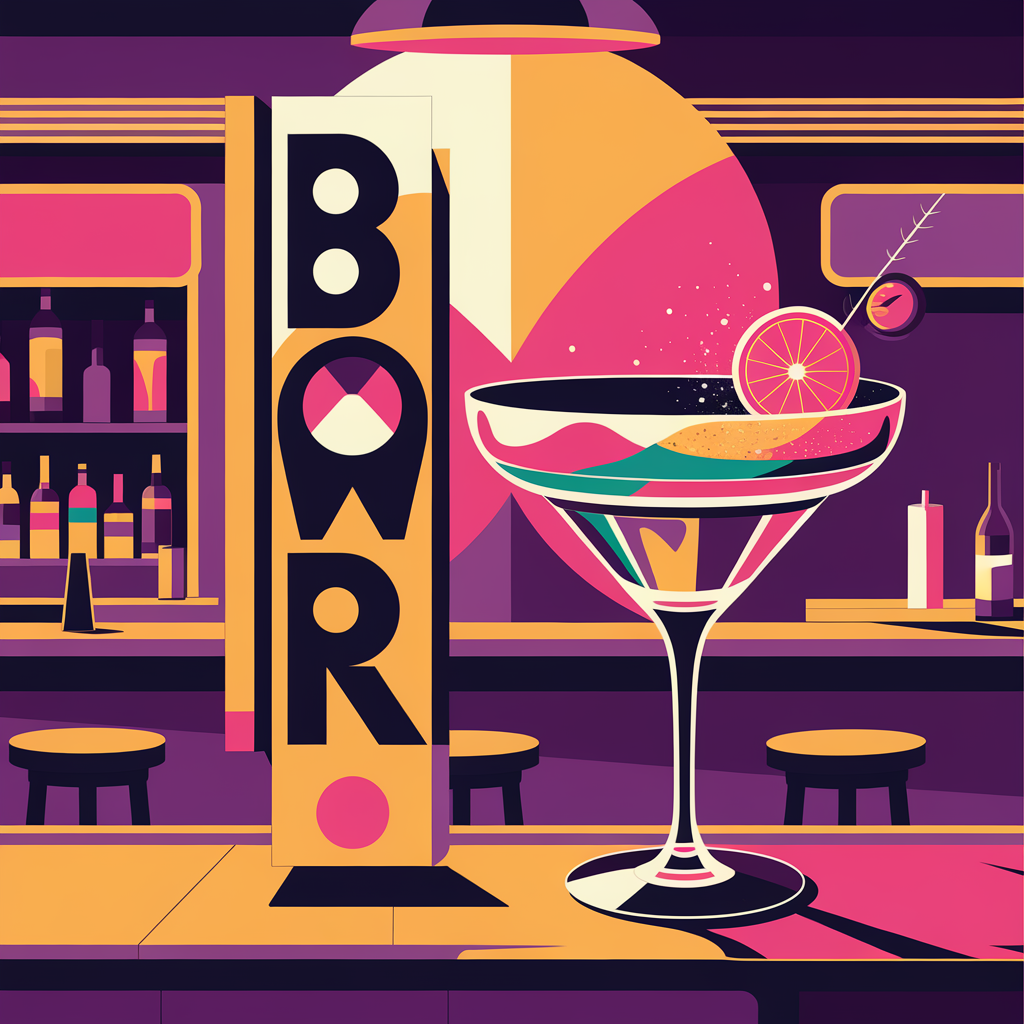 AI generated image by ideogram 2.0: 酒吧门店的墙贴海报,横向,扁平化,插画,前卫潮流,风格大胆,不低俗