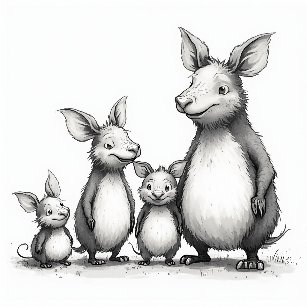 AI generated image by FLUX-Realism-Lora: Quiero una imagen estilo libro infantil de un grupo de tejones, 2 grandes y 3 pequeños una familia donde se destaque el tamaño de los pequeños y los adultos. q sea en blanco y negro. pero recuerda son en total 5. 5!!!! 2 adultos!!! 2 y 3 pequeños. 3!!!!!