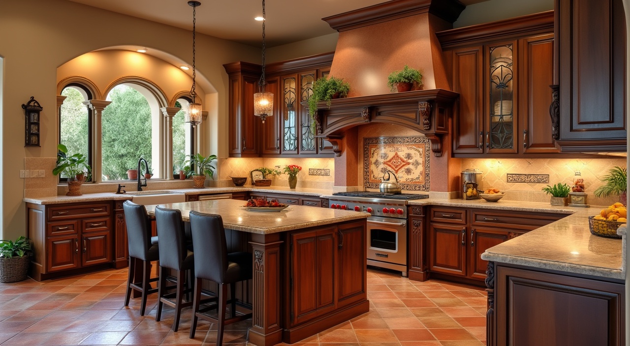 AI generated image by FLUX.1-pro: Create a photo-realistic image of a freshly remodeled "Spanish/Mediterranean" style kitchen in a Southern California home:
Characteristics: This style pays homage to Southern California's Spanish roots, featuring warm, earthy tones, rustic finishes, and ornate details. Arches, hand-painted tiles, and wrought-iron fixtures are common elements.
Materials: Terracotta or Saltillo tile flooring, hand-painted ceramic tiles for backsplashes, and dark wood cabinetry.