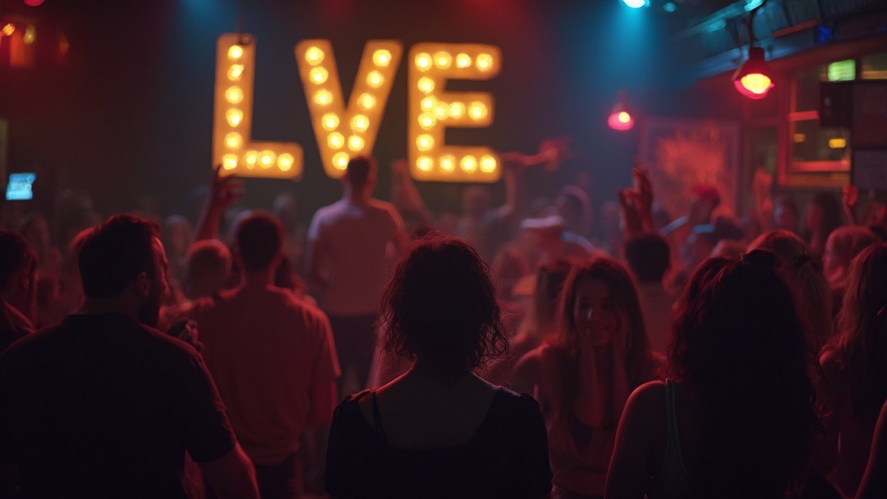 AI generated image by FLUX-Realism-Lora: generate people singing karaoke in a bar with neon lighting and a large black backdrop with big letters in gold that say "LVE". the people are ranged in ages from mid 20's to early 50's. they are having fun.